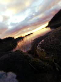 Close-up of landscape against sky during sunset