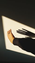 Close-up of hand with shadow on wall at home