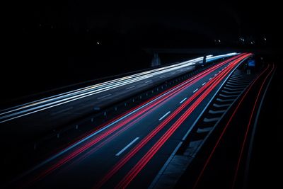 High angle view of light trails at night