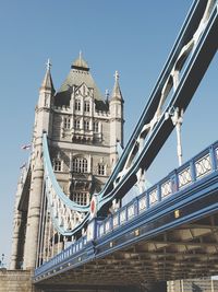 Low angle view of bridge against buildings