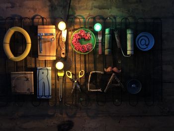 High angle view of illuminated lighting equipment on table