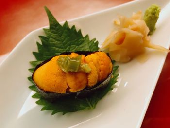 High angle view of seafood served in plate