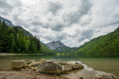 Scenic view of lake and mountains against sky