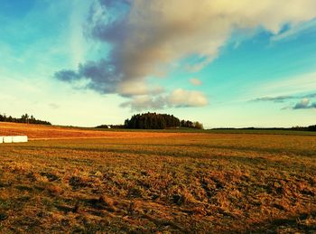 Scenic view of field against cloudy sky