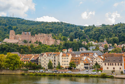 Houses by river in town against sky