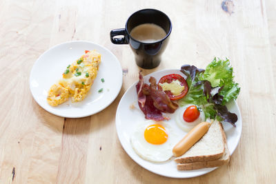 High angle view of breakfast served on table