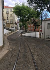 Railroad tracks amidst buildings in city