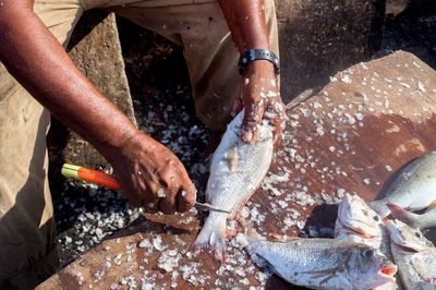 Man preparing fish outdoors