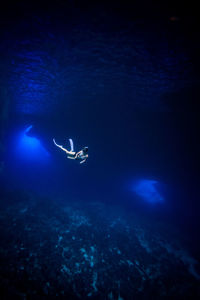 Young woman scuba diving undersea