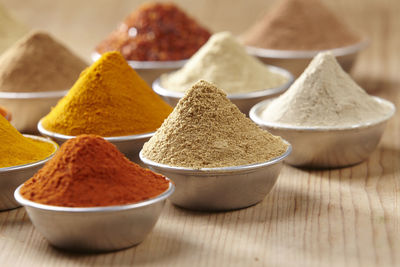 Close-up of various spices in containers on table