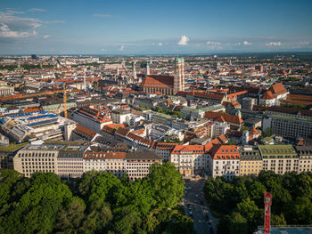 Amazing aerial view of munich city with the church of our lady