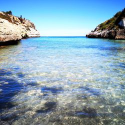Scenic view of sea against clear blue sky