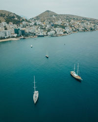 High angle view of sailboat in sea