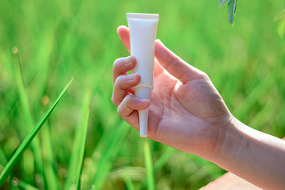 Midsection of person holding plant on field