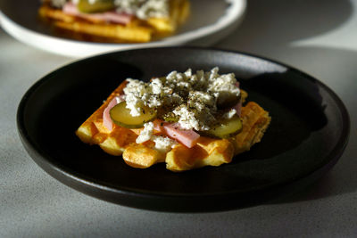 High angle view of food in plate on table