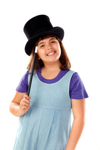 Portrait of a smiling young woman against white background