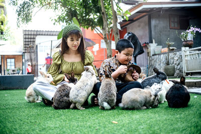 Easter bunny concept, mother and son are feeding carrots to easter bunny rabbit on grass, close up.