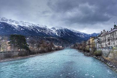 Scenic view of snow covered mountains against sky