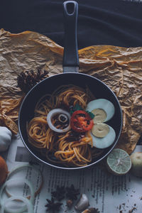 High angle view of breakfast on table