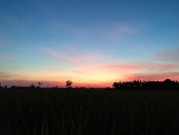 Scenic view of silhouette field against sky during sunset