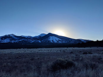 Scenic view of snowcapped mountains against clear sky