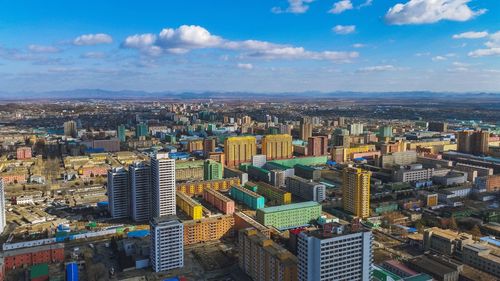 High angle view of cityscape against sky