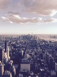 High angle view of buildings in city against sky