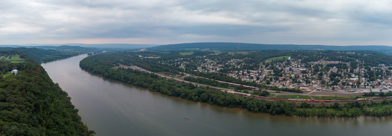 An aerial view of the town of northumberland and the susquehanna river in pennsylvania.