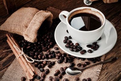 High angle view of coffee cup on table