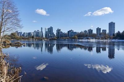 Reflection of buildings in lake