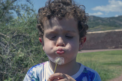 Close-up of 4 year old caucasian little boy with curly hair blowing dandelion flower