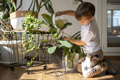 Side view of boy playing with potted plant at home