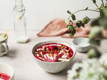 Close-up of chopped fruits on table