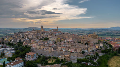 High angle view of townscape against sky during sunset