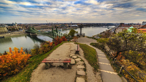 High angle view of liberty bridge over danube river against cloudy sky in city