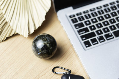 High angle view of objects on table