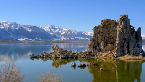 Scenic view of lake and mountains against sky