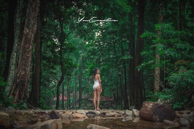 Woman standing by trees in forest