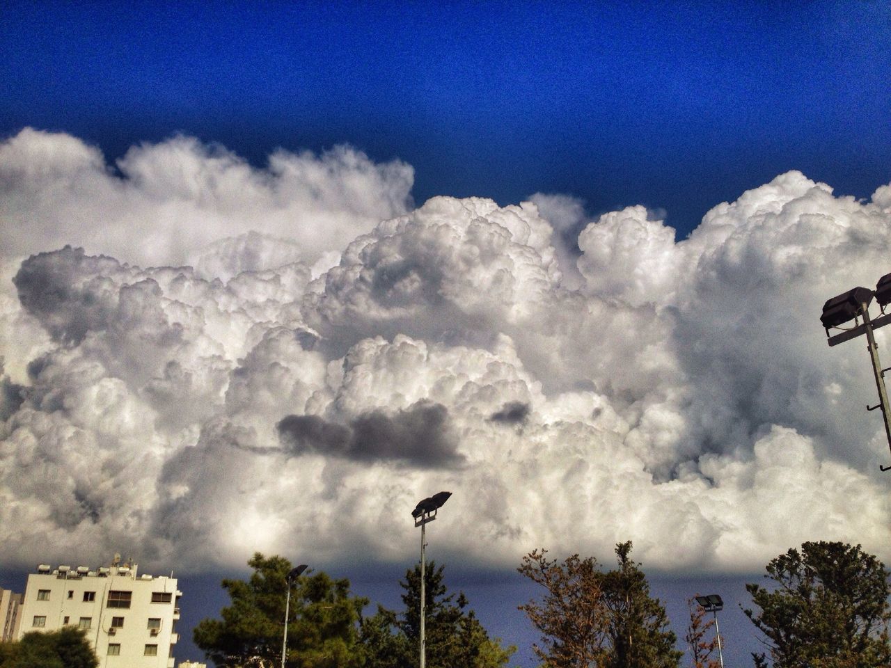 sky, low angle view, cloud - sky, cloudy, tree, blue, cloud, weather, street light, nature, transportation, beauty in nature, outdoors, built structure, building exterior, day, no people, mode of transport, architecture, scenics