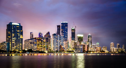 Illuminated cityscape against sky