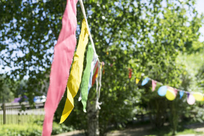 Low angle view of multi colored flags hanging on clothesline