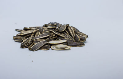 Close-up of sausages against white background