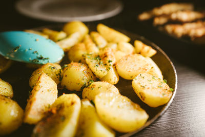 High angle view of eggs in plate on table
