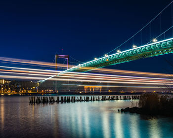 Illuminated bridge over river at night