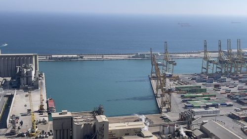 High angle view of boats in harbor