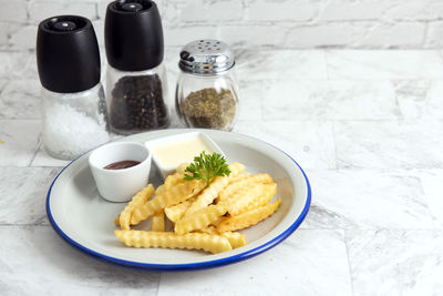 High angle view of food served on table