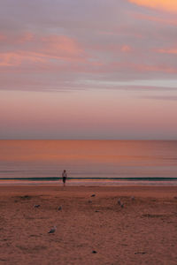 Woman walking on shore at beach against sky