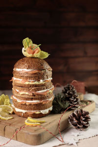 Italian christmas appetizer. stuffed gourmet panettone with salmon and cheese on rustic background. 