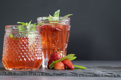 Close-up of drink with glass jar