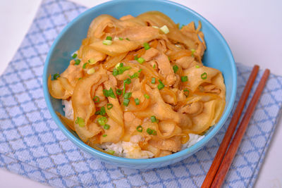 High angle view of noodles in bowl on table